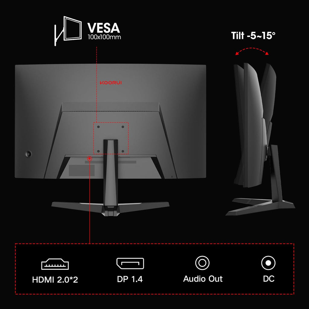 Monitor Gaming Curvo KOORUI de 27'', 1500R, Panel VA, Resolución QHD (2560x1440), 180Hz, 1ms, DCI-P3 85%, Bisel ultradelgado, Inclinación ajustable, Compatible con HDMI/DP