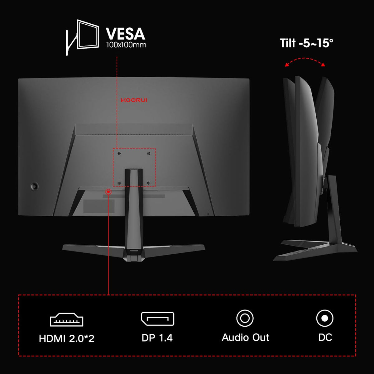 Monitor Gaming Curvo KOORUI de 27'', 1500R, Panel VA, Resolución QHD (2560x1440), 180Hz, 1ms, DCI-P3 85%, Bisel ultradelgado, Inclinación ajustable, Compatible con HDMI/DP