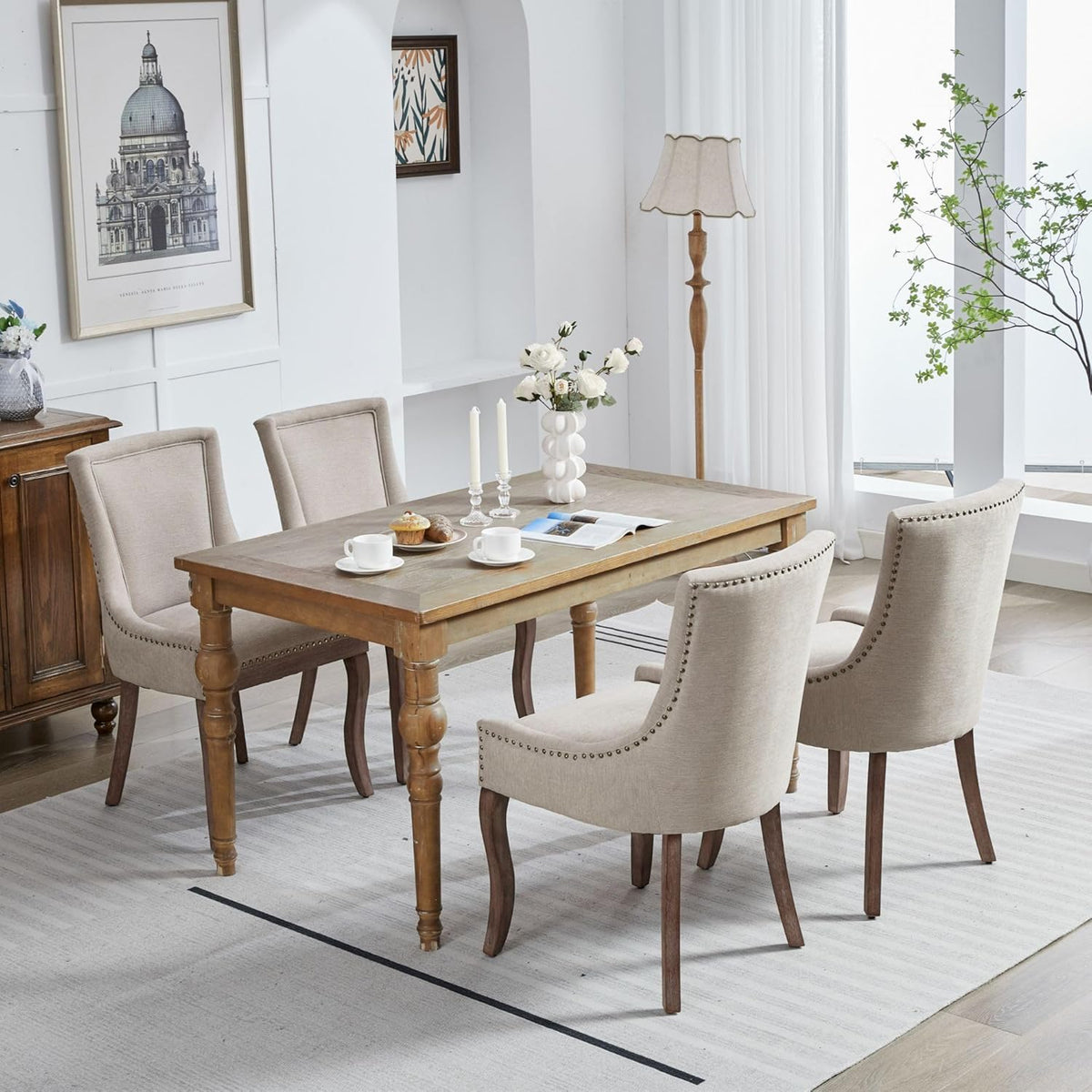 Juego de 4 sillas de comedor, juego de 4 sillas de cocina, sillas con respaldo alto y capitoné, silla de comedor tapizada en tela de chenilla suave con patas de madera, decoración de remaches metálicos, capacidad de carga de 150 kg