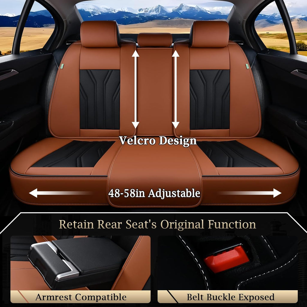 Fundas de asiento trasero FLORICH, fundas de asiento de coche de piel, protector de asiento trasero impermeable, cojín de asiento universal para la mayoría de coches, camionetas y SUV - Marrón y negro