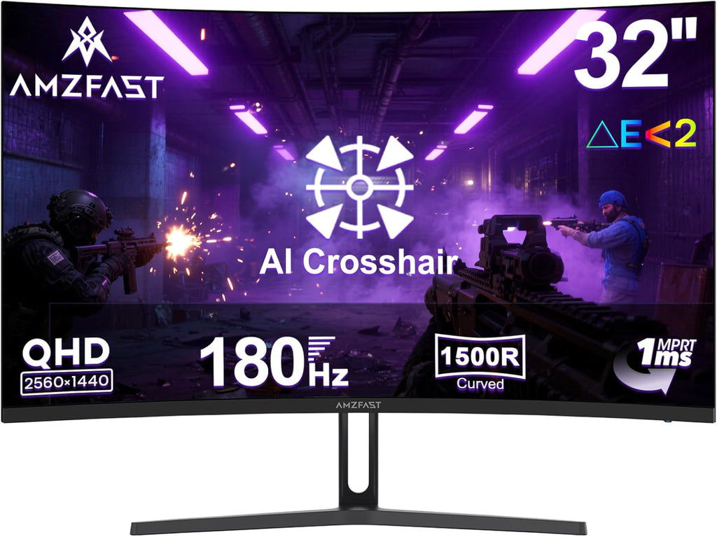 Monitor Gaming Curvo Amzfast de 32 Pulgadas, QHD, 180Hz, 1MS MPRT, 1500R, AI Cross Hair, Adaptive Sync, Antiluz Azul, HDR, HDMI 2.0/DP 1.4, VESA 100 * 100, AMZG32C1Q