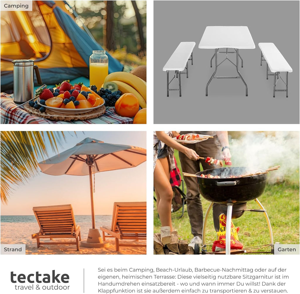 tectake® Juego de muebles de jardín de 3 piezas, mesa de camping plegable con 2 bancos de cerveza, muebles de balcón, conjunto de mesa para jardín o terraza, set de mesa y bancos cerveceros, con asas de transporte, 180 cm de largo (blanco)