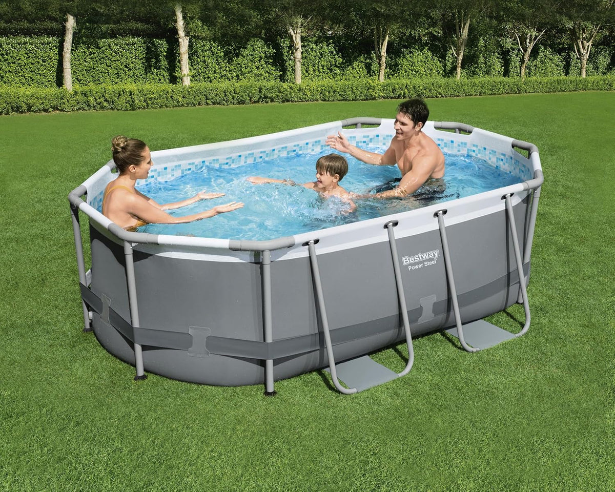 Set de piscina con estructura Power Steel de Bestway, ovalada, con bomba de filtrado, 305 x 200 x 84 cm, gris, 5614A