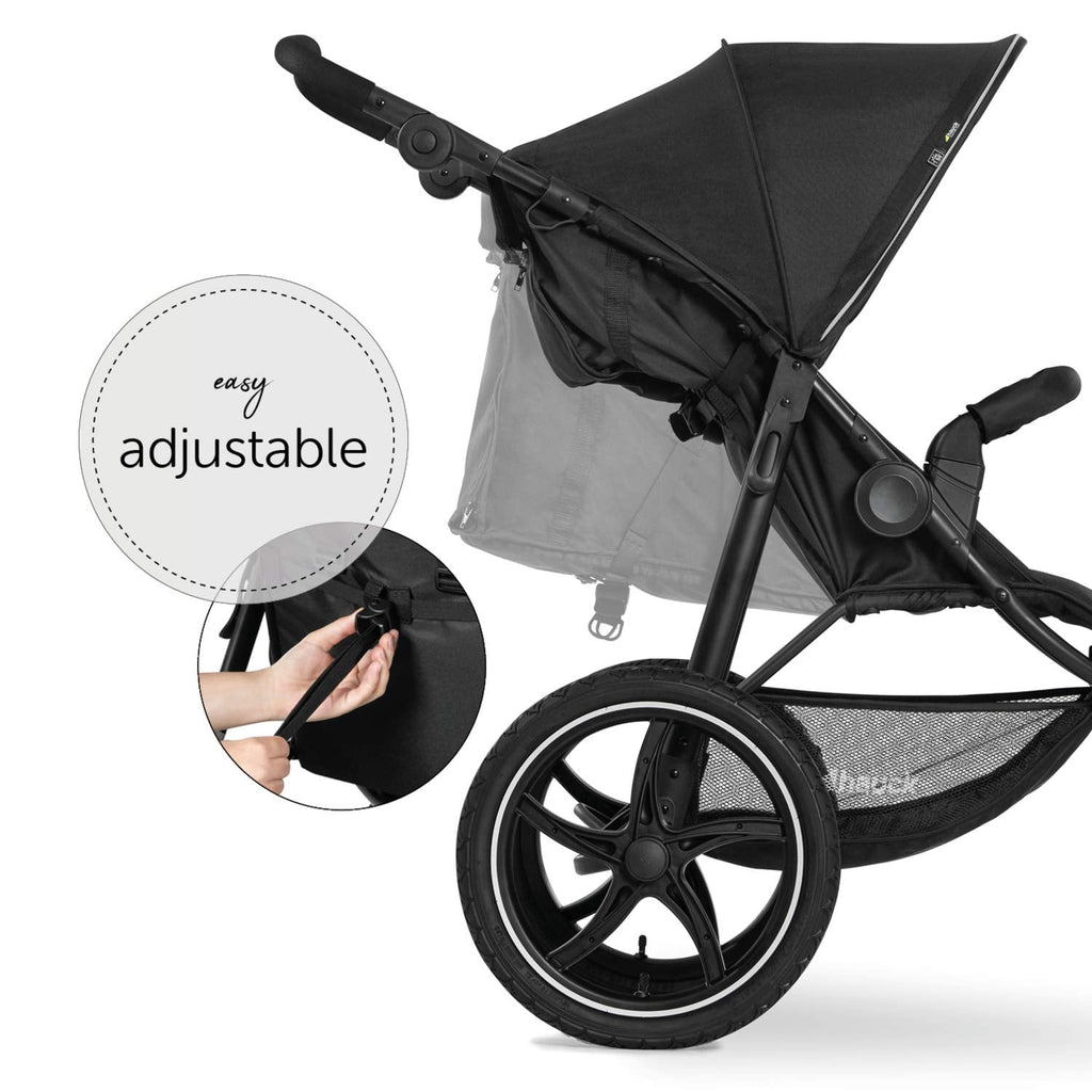 Cochecito hauck Runner 2, silla de paseo de tres ruedas con ruedas neumáticas XL para niños de hasta 22 kg, protección UV 50+, ventana de ventilación, altura ajustable, plegable, cesta XL de hasta 3 kg, función de reclinado (negro)