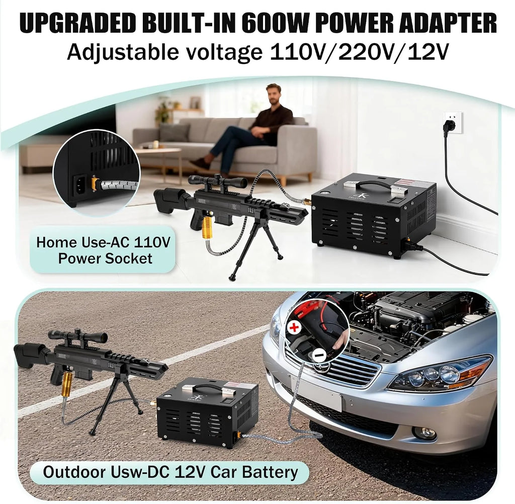 Sprężarka powietrza TUXING Pcp, 4500Psi 30Mpa, bezolejowa/wodna, zasilana samochodem 12 V DC lub domowym 220V AC z adapterem (w zestawie), pompa do wiatrówek i wiatrówek PCP (TXES061)