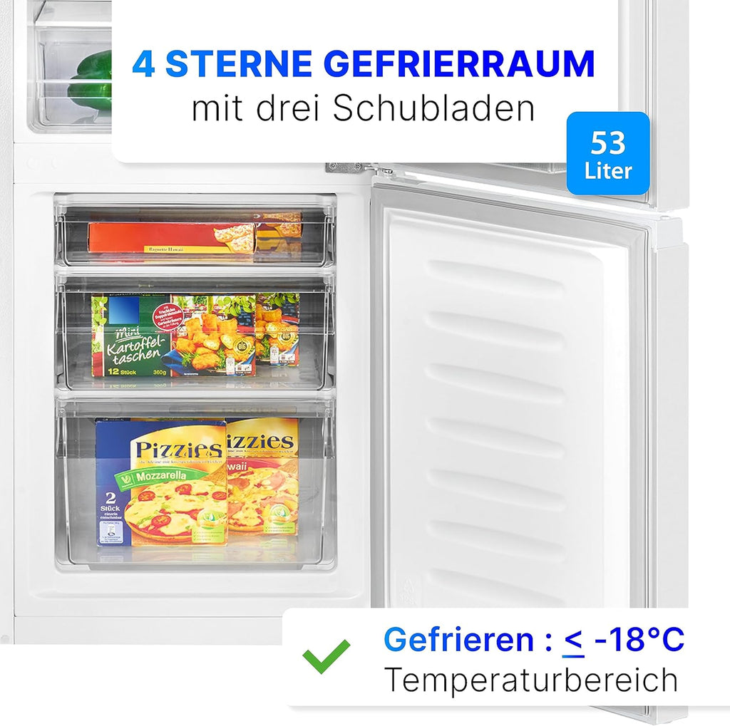 Refrigerador con congelador Bomann® de 143 cm de altura | Frigorífico combi de 175 L con 3 estantes y 3 cajones | Sentido de apertura de puerta reversible | Frigorífico combi silencioso de 39 dB | Frigorífico KG 322.1 aspecto inox