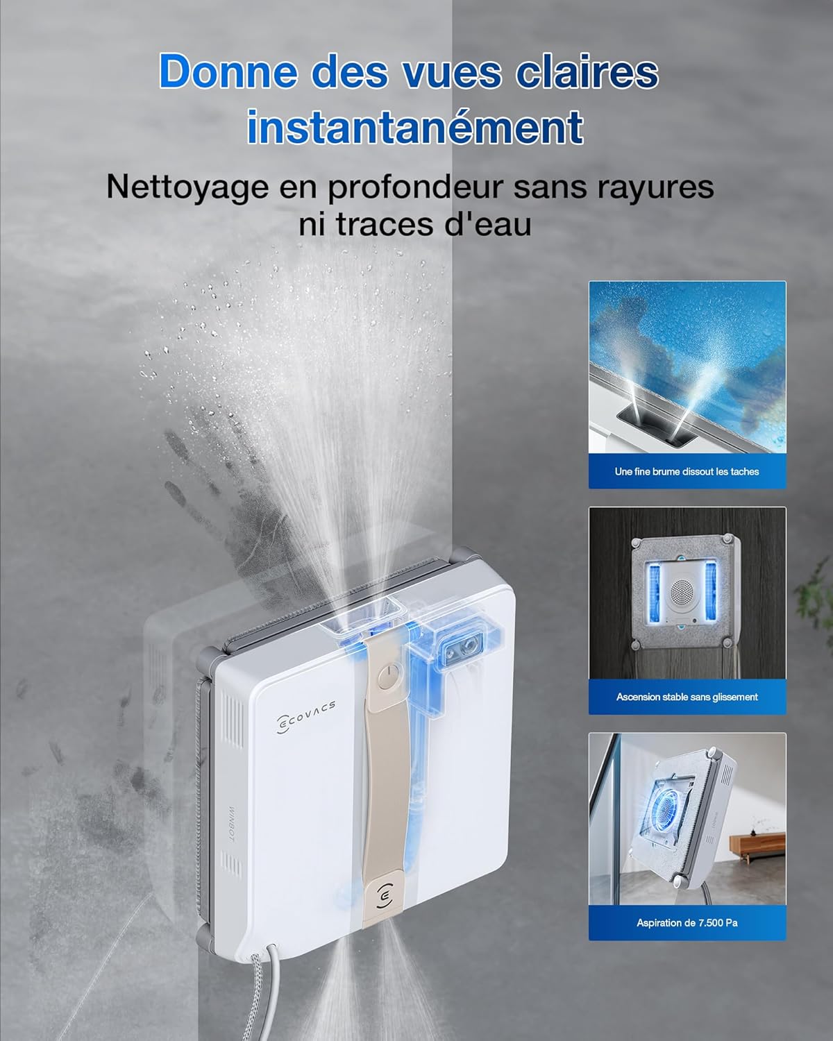 Robot limpiacristales ECOVACS WINBOT Mini, diseño compacto, boquillas dobles con pulverización ultrasónica, sistema de protección de 9 etapas, planificación inteligente de la trayectoria, blanco