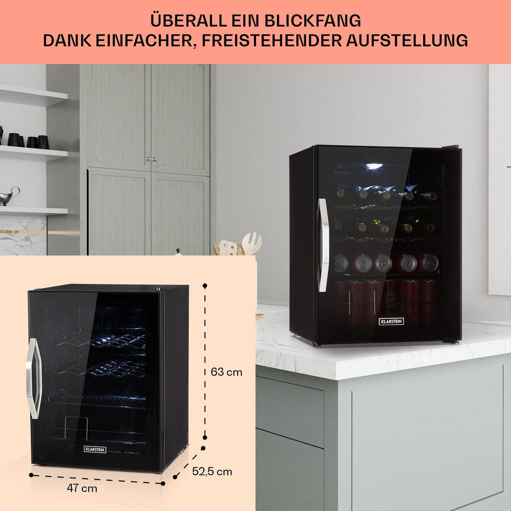 Mininevera Klarstein con puerta de cristal para habitaciones, refrigerador de bebidas con estantes ajustables, pequeño de 80 litros, frigorífico silencioso para interiores/exteriores