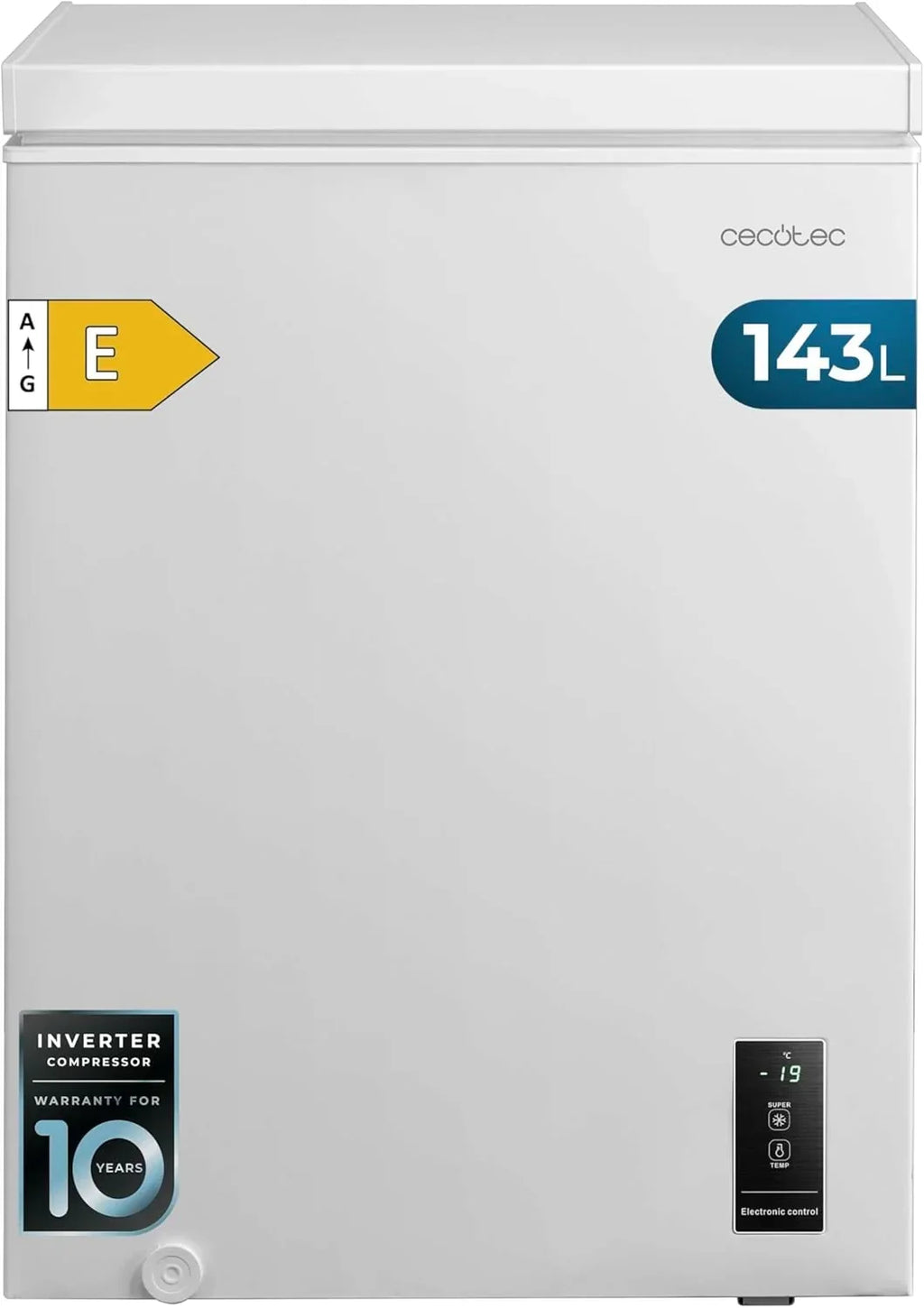 Congelador Horizontal Cecotec 143L Bolero CoolMarket Chest 143P Blanco E. Cesta con asas, control electrónico LED, UltraContact D-Cool, función dual, puerta ZeroG (80º-30º), congelación rápida, compacto
