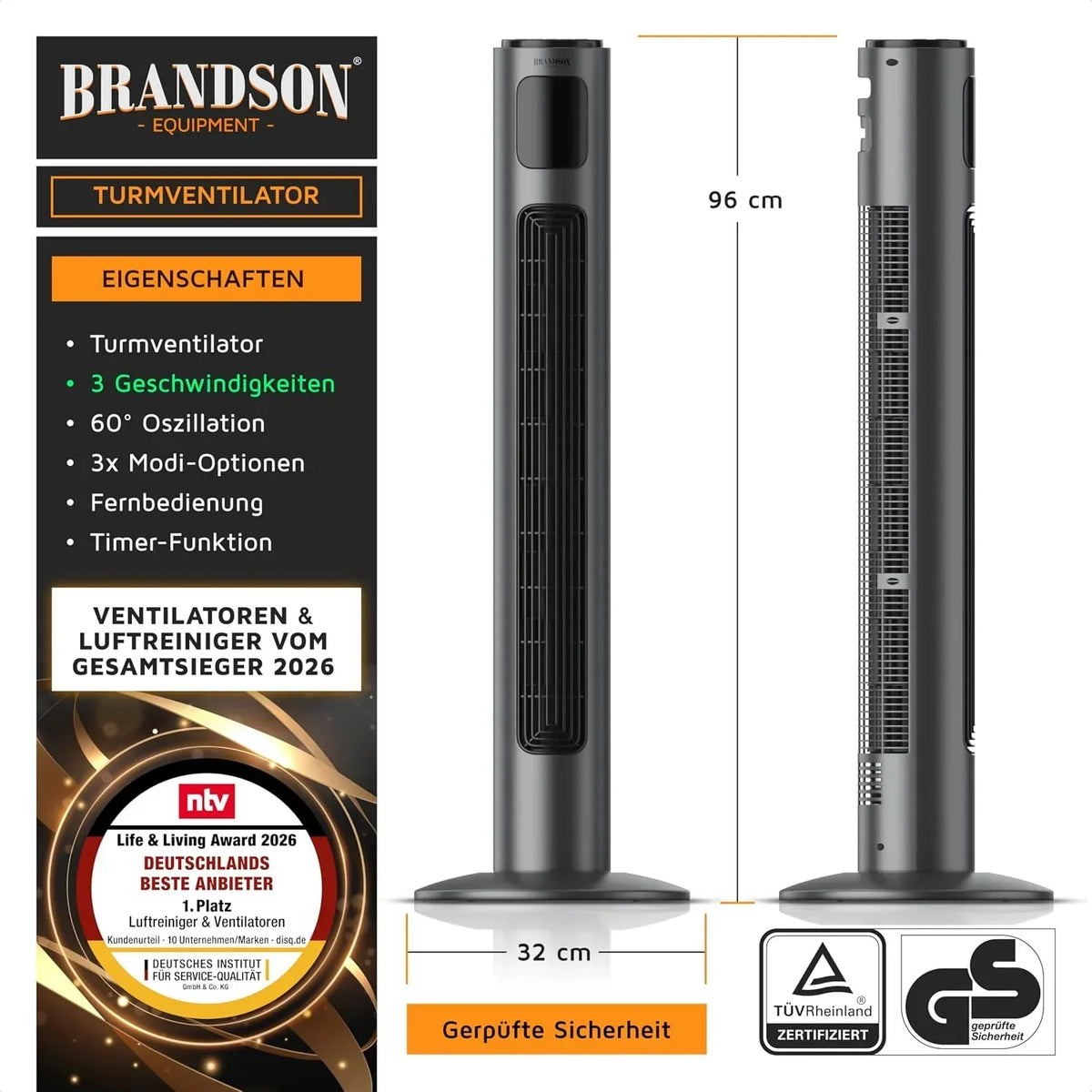 Ventilador de torre 96 cm con mando a distancia, 3 velocidades, 3 modos, oscilación, temporizador, ventilador de pie silencioso, gris frío