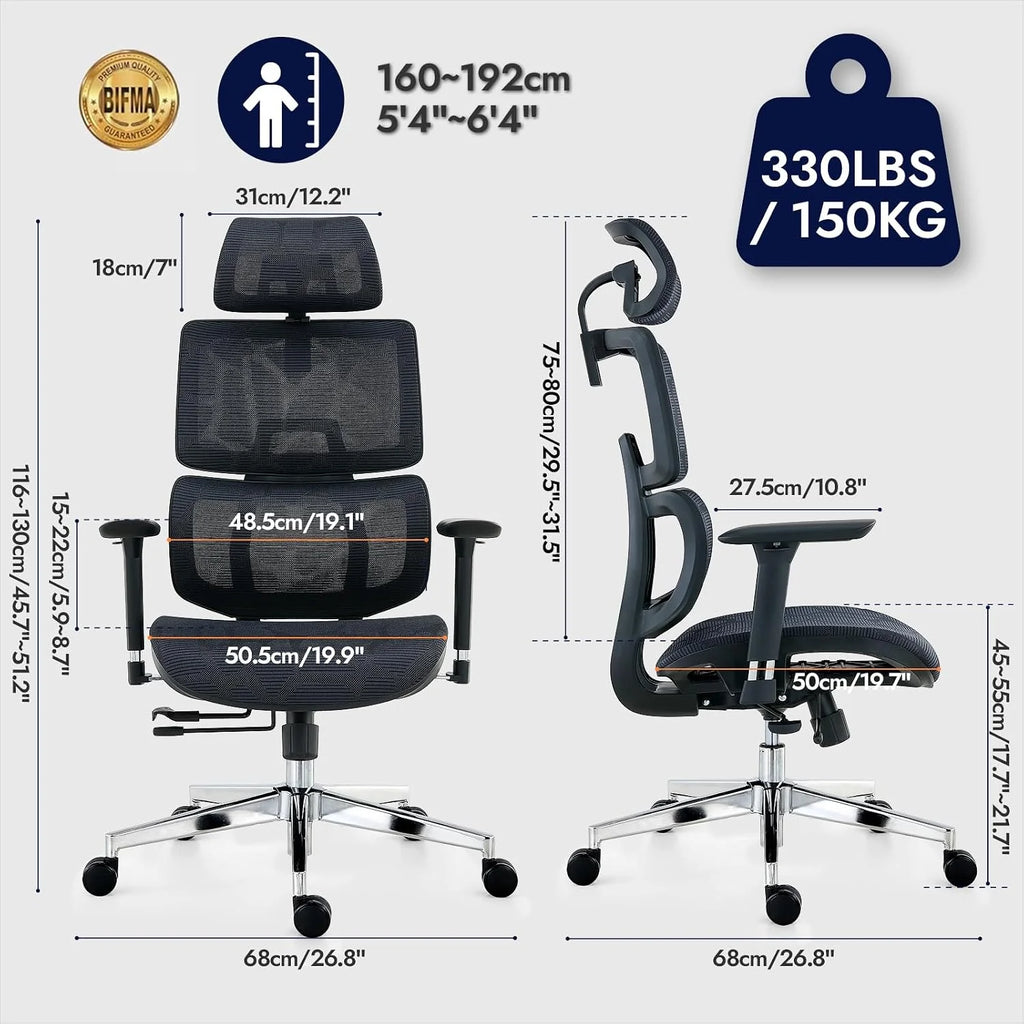 Ergonomiczne krzesło biurowe, ALL-Mesh wysokie oparcie, domowe krzesło biurowe, podparcie lędźwiowe, fotel gamingowy, regulowane podłokietniki i zagłówek 3D, duże i wysokie obrotowe krzesło