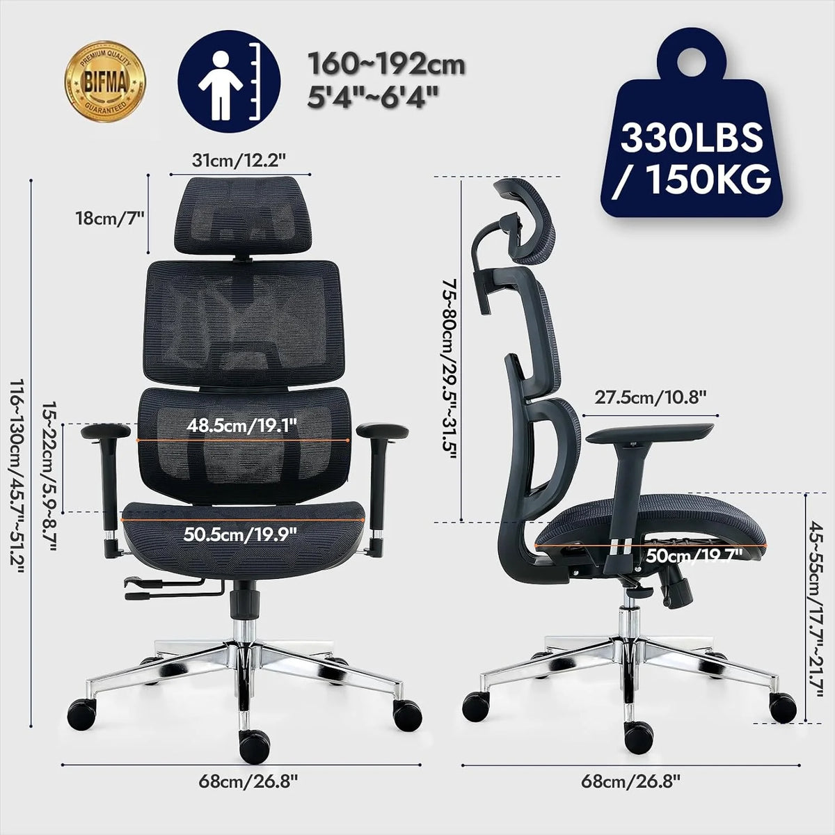 Ergonomiczne krzesło biurowe, ALL-Mesh wysokie oparcie, domowe krzesło biurowe, podparcie lędźwiowe, fotel gamingowy, regulowane podłokietniki i zagłówek 3D, duże i wysokie obrotowe krzesło