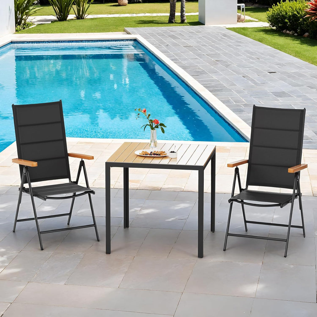 LIFERUN Silla de jardín plegable con respaldo alto, juego de 2 sillas de aluminio para balcón, reposabrazos de WPC, con respaldo y asiento acolchados, ajustable en 7 posiciones, hasta 120 kg, silla de comedor para exteriores, negro, 2 unidades
