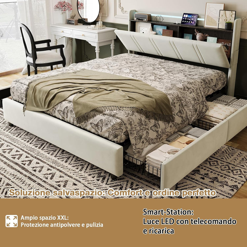 Łóżko podwójne 160 x 200 cm z 4 szufladami, rama łóżka z diodami LED i USB, łóżko tapicerowane z zagłówkiem z otwartą półką, beżowe