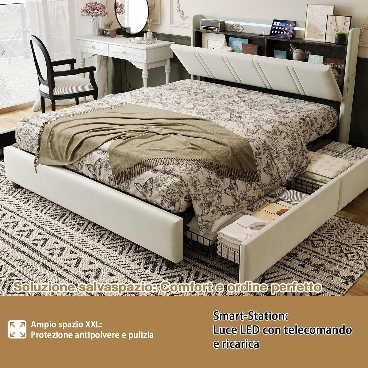 Łóżko podwójne 160 x 200 cm z 4 szufladami, rama łóżka z diodami LED i USB, łóżko tapicerowane z zagłówkiem z otwartą półką, beżowe