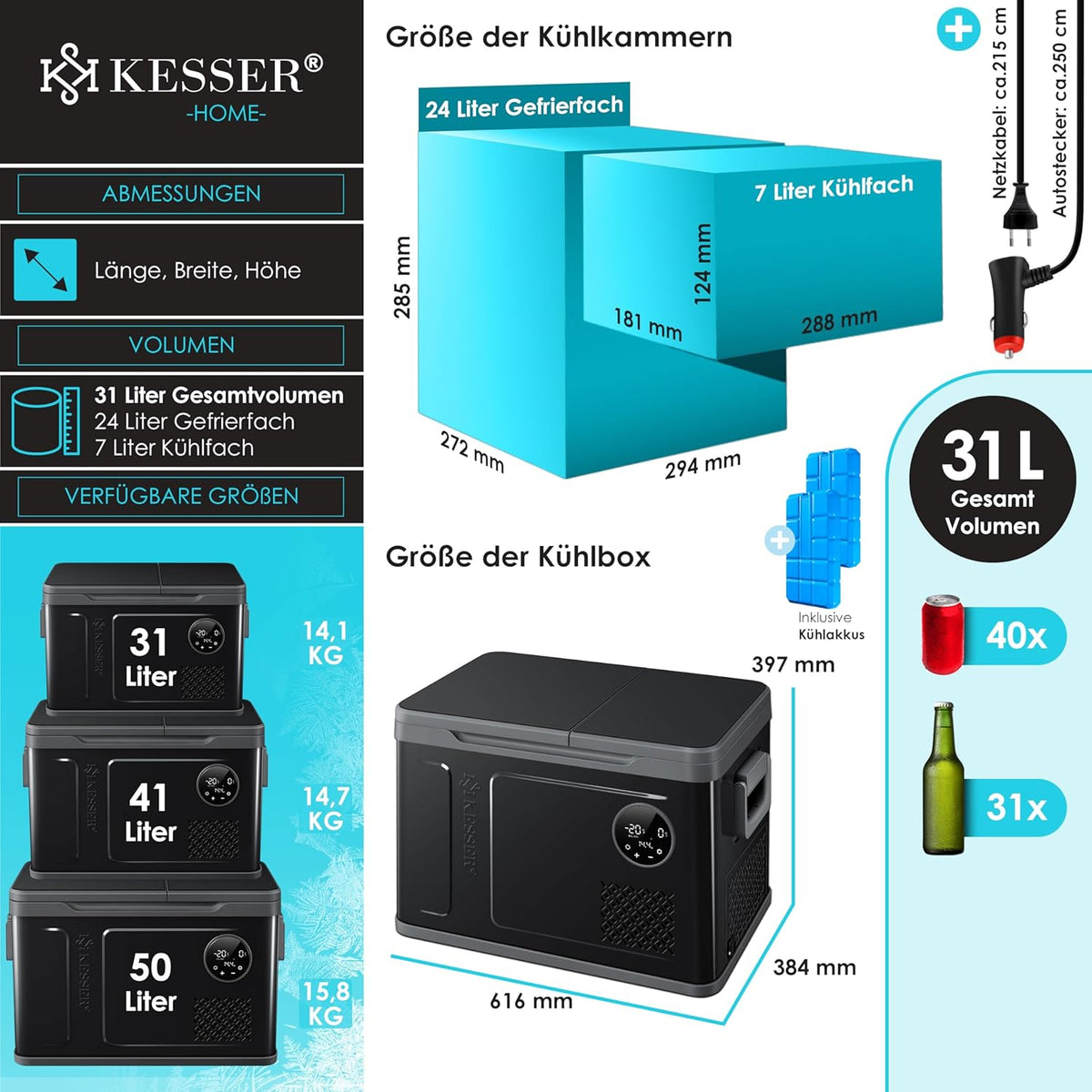 Nevera portátil con compresor KESSER 2 en 1 de doble zona, refrigeración y congelador eléctrico con 2 acumuladores de frío y panel táctil LED | Refrigerador con enfriamiento hasta -20 °C para camping, coche, camión 12/24V 230V