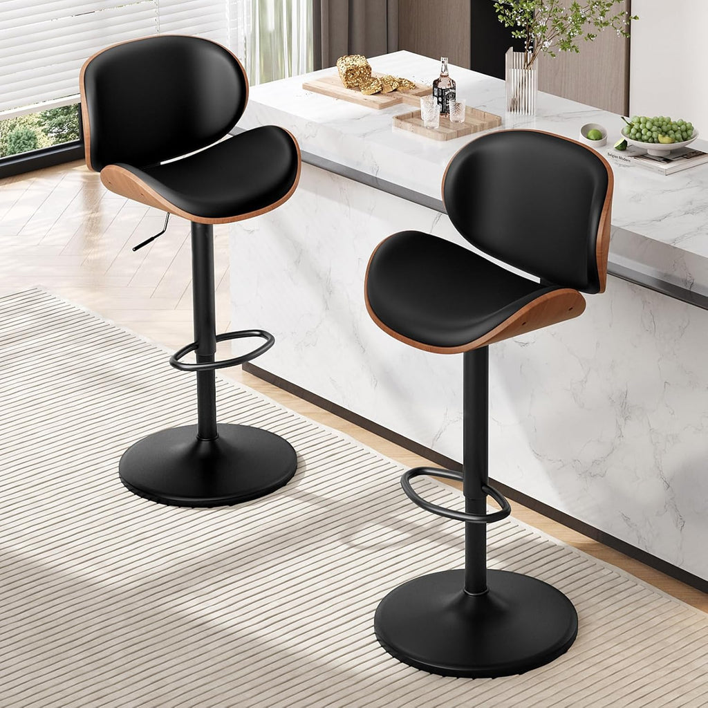 Set de 2 taburetes de bar, silla de bar ajustable en altura de piel sintética y madera maciza, silla giratoria 360° con respaldo y reposapiés para cocina, sala de estar, comedor, bar, negro
