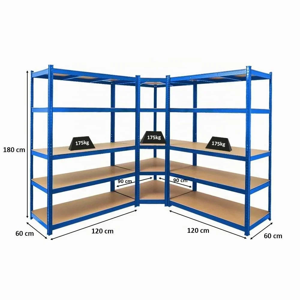 PROREGAL Estantería esquinera Ragnar 1x 180x90x60cm y Taurus 2x 180x120x60cm Azul, carga por balda 175kg, estantería de sótano, estantería de montaje sin tornillos