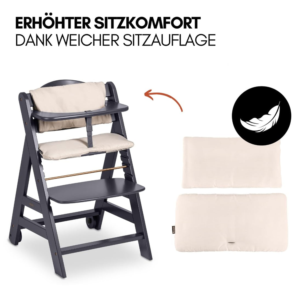 hauck Trona Beta+ Newborn Set Premium Dark Grey - Set de trona para bebé desde el nacimiento con accesorio para recién nacido Bouncer, cojín de asiento y bandeja - Gris oscuro