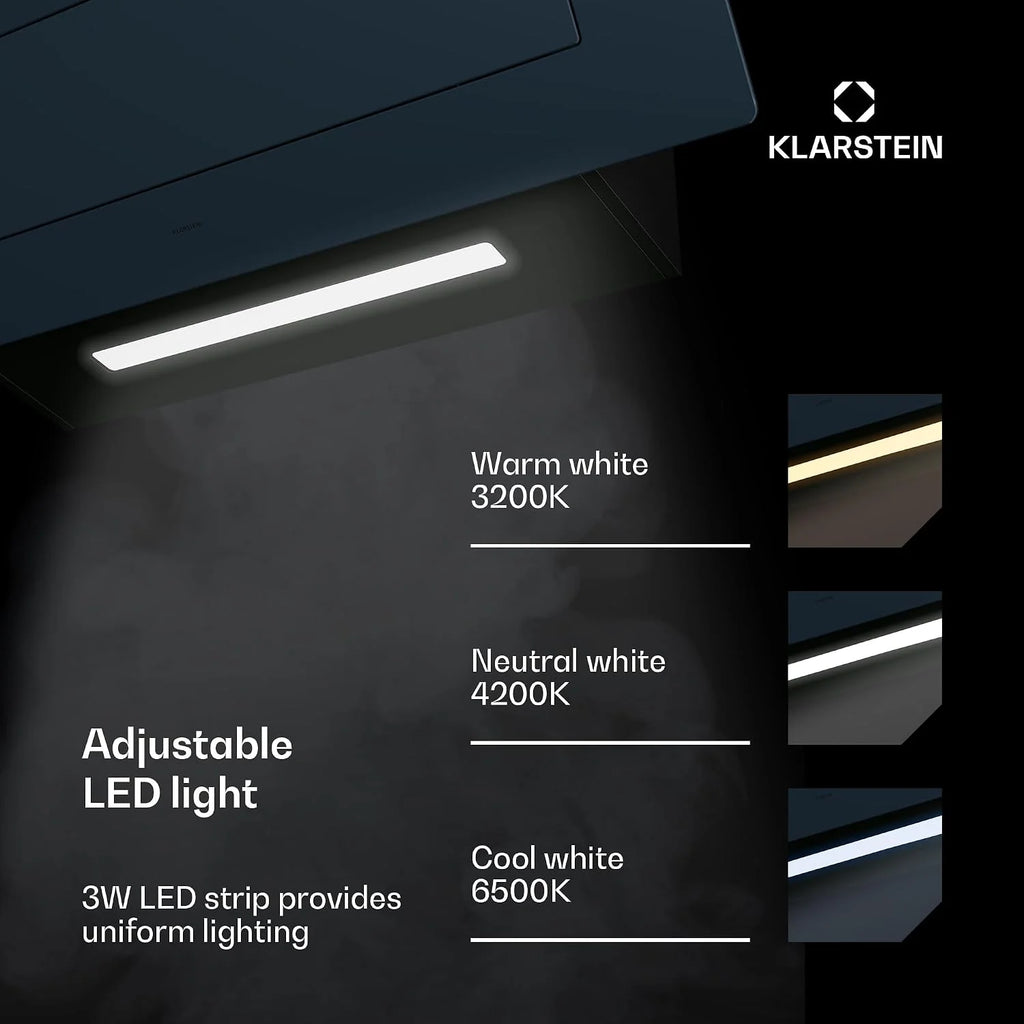 Klarstein SleekAir Okap kuchenny - Okap skośny 90cm, 717 m³/h, Klasa energetyczna A++, Sterowanie dotykowe, LED 5W, Podwójna wentylacja, Antracytowy