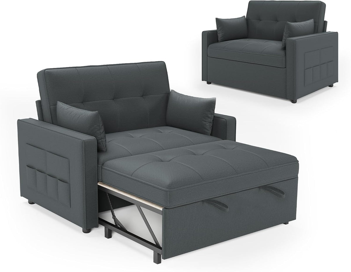 Sofá cama LUXOAK 186 x 122 cm con respaldo ajustable en 5 niveles, sofá cama 3 en 1 con cojines y bolsillo lateral, sofá de lino gris para habitación de invitados y espacios pequeños