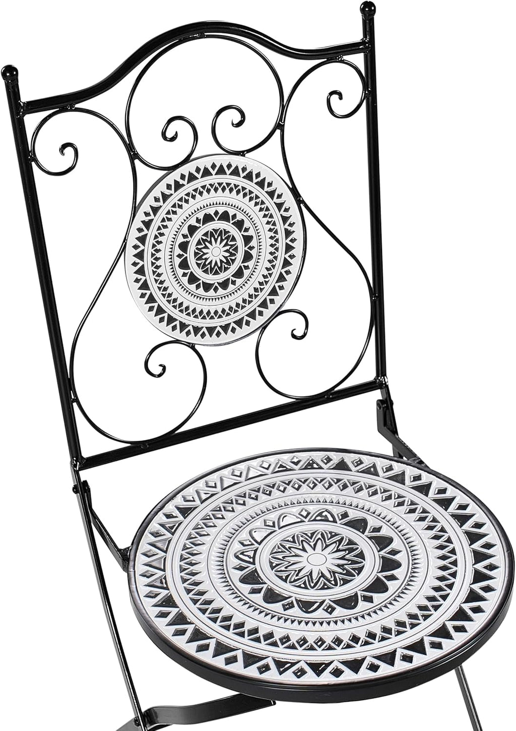 Set de balcón Beliani de 3 piezas de hierro, mesa de mosaico blanco/negro con 2 sillas plegables Comiso
