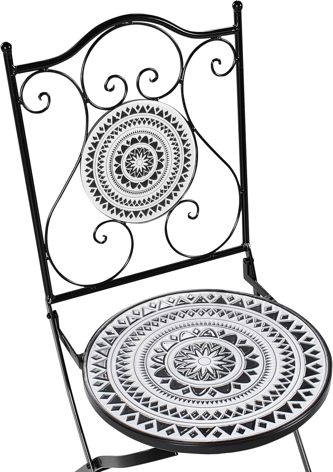 Set de balcón Beliani de 3 piezas de hierro, mesa de mosaico blanco/negro con 2 sillas plegables Comiso