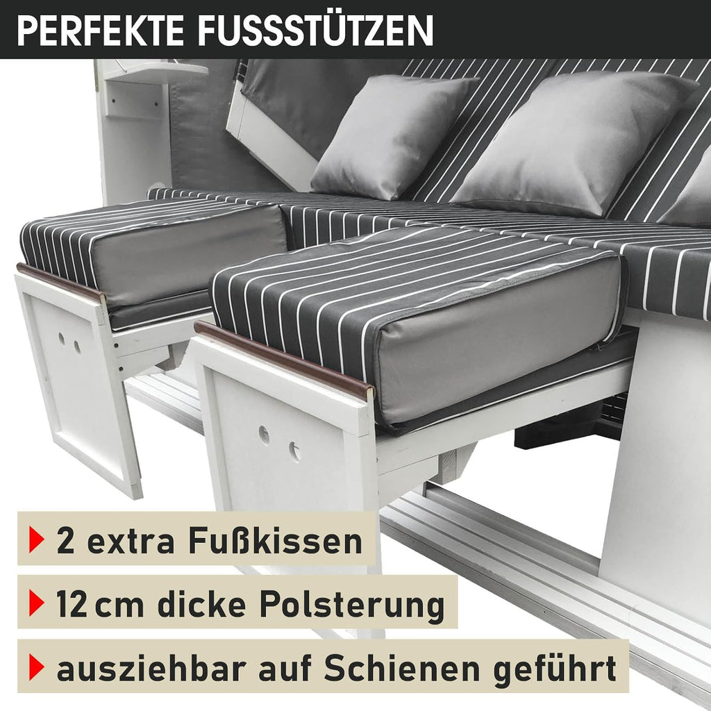 BRAST® Cesta de playa Usedom XXL de 3 plazas para 2-3 personas | 165 cm de ancho | 5 diseños | incluye funda impermeable | respaldo ajustable, cojines para los pies | antracita/gris - a rayas
