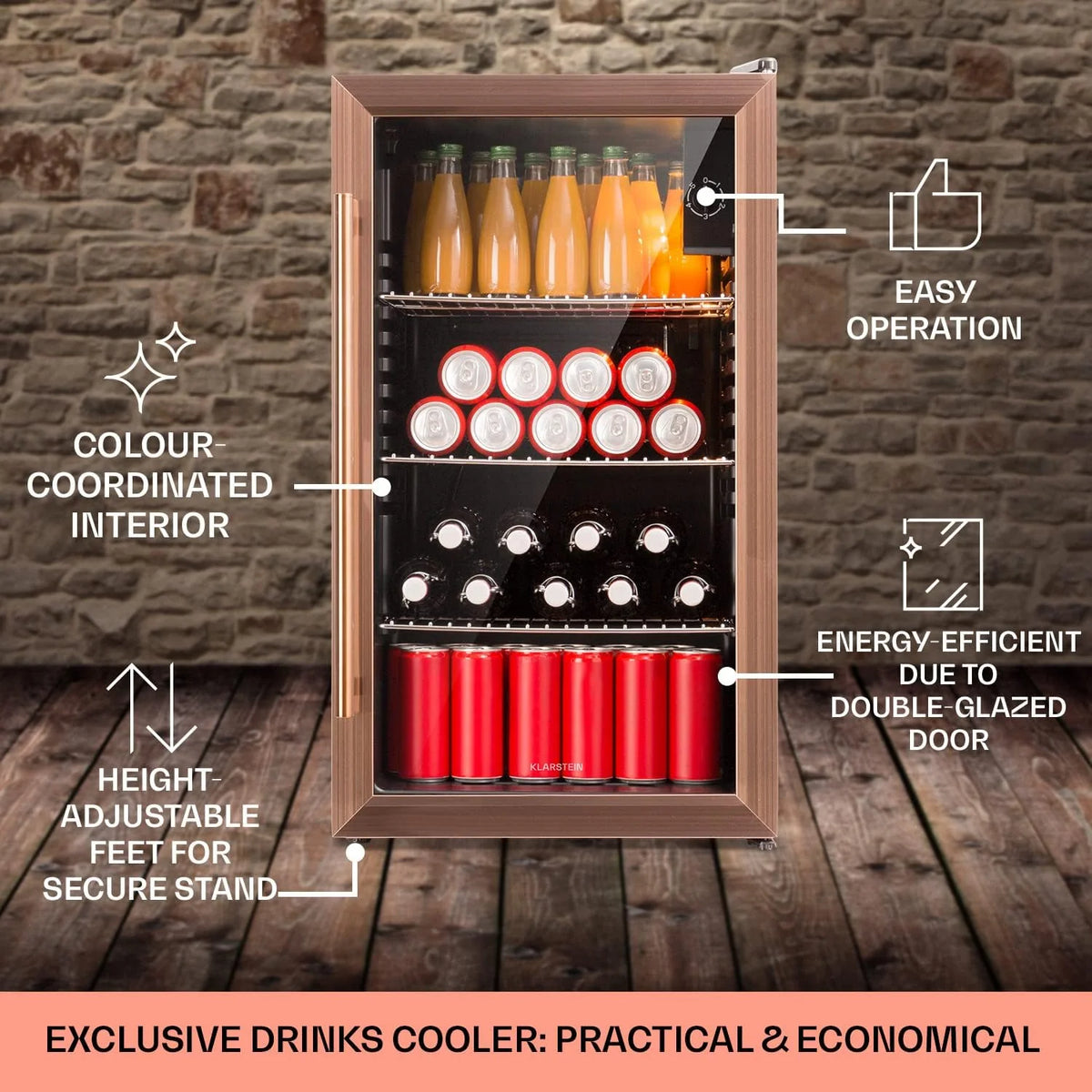 KLARSTEIN Beersafe Lodówka do piwa XXL, szklana mini lodówka do sypialni, cicha mała lodówka, chłodziarka do wina, do użytku wewnątrz i na zewnątrz, domowy bar, przechowywanie napojów, napojów