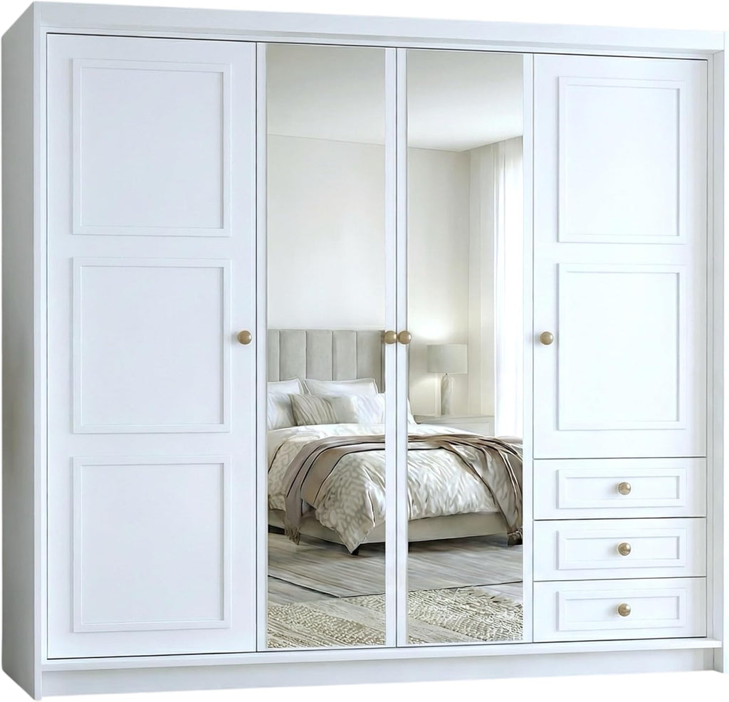 Armario de 4 puertas A und J MöbelLand Oslo con 3 cajones - 200 x 215 cm - Armario de puertas batientes con barra para colgar ropa y estantes, diseño moderno con tiradores de metal
