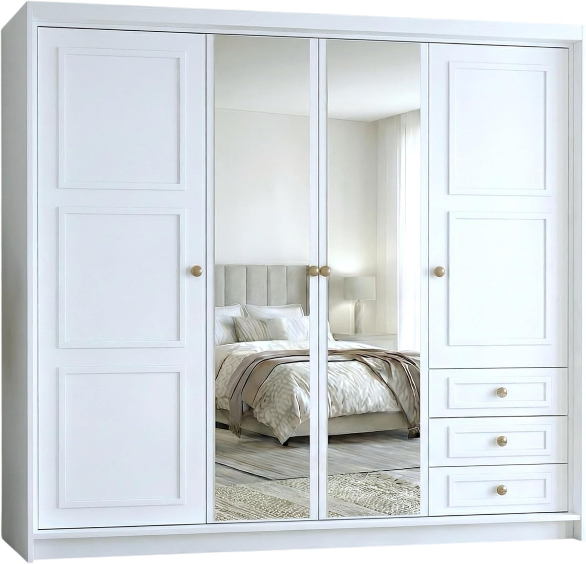 Armario de 4 puertas A und J MöbelLand Oslo con 3 cajones - 200 x 215 cm - Armario de puertas batientes con barra para colgar ropa y estantes, diseño moderno con tiradores de metal