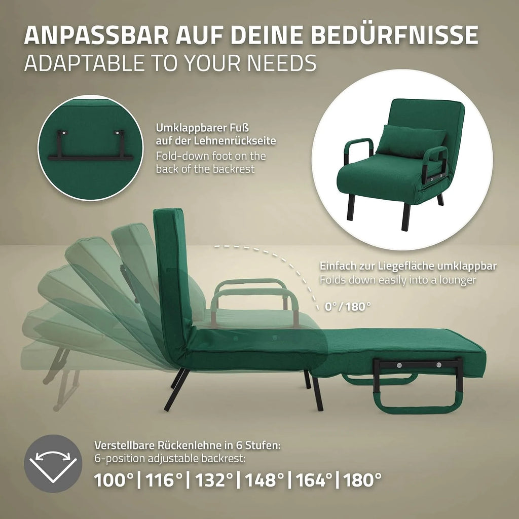 ML-Design Fotel Rozkladany 3 w 1 z Funkcja Spania, Skladany z Regulowanym Oparciem, Rozkladana Sofa dla Gosci, Lózko Jednoosobowe Stelaz Stalowy Miekka Tkanina Chenille Wygodny do Salonu Ciemnozielony