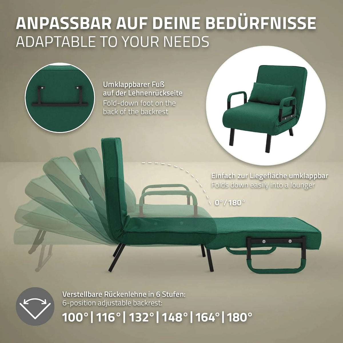 ML-Design Fotel Rozkladany 3 w 1 z Funkcja Spania, Skladany z Regulowanym Oparciem, Rozkladana Sofa dla Gosci, Lózko Jednoosobowe Stelaz Stalowy Miekka Tkanina Chenille Wygodny do Salonu Ciemnozielony