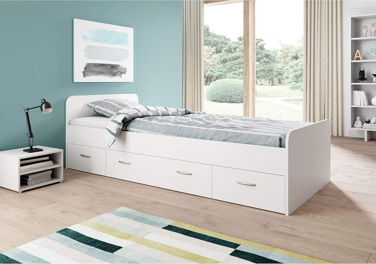 Cama individual moderna Boro con 3 cajones 90 x 200 cm - Práctica cama tipo litera para habitación juvenil en blanco - 95 x 66 x 204 cm (ancho/alto/fondo)