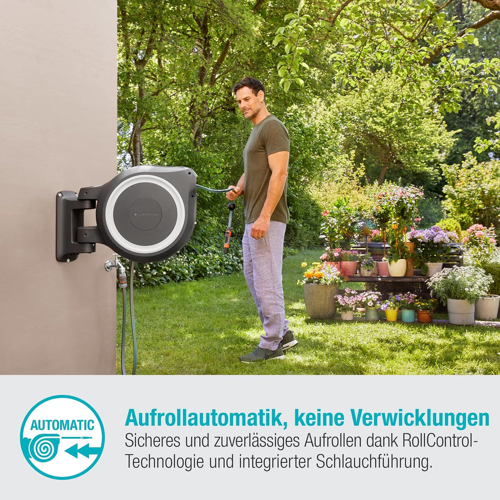 Caja portamangueras de pared RollUp XL de 35 m, almacenamiento automático de manguera con soporte de pared giratorio, incluye boquilla y accesorios de montaje