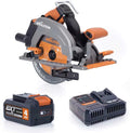 Evolution Power Tools R185CCS-Li Pilarka tarczowa akumulatorowa 18 V Li-Ion z tarczą TCT do wielu materiałów, do cięcia drewna, metalu, plastiku, z prowadnicą, akumulatorem i ładowarką, 185 mm