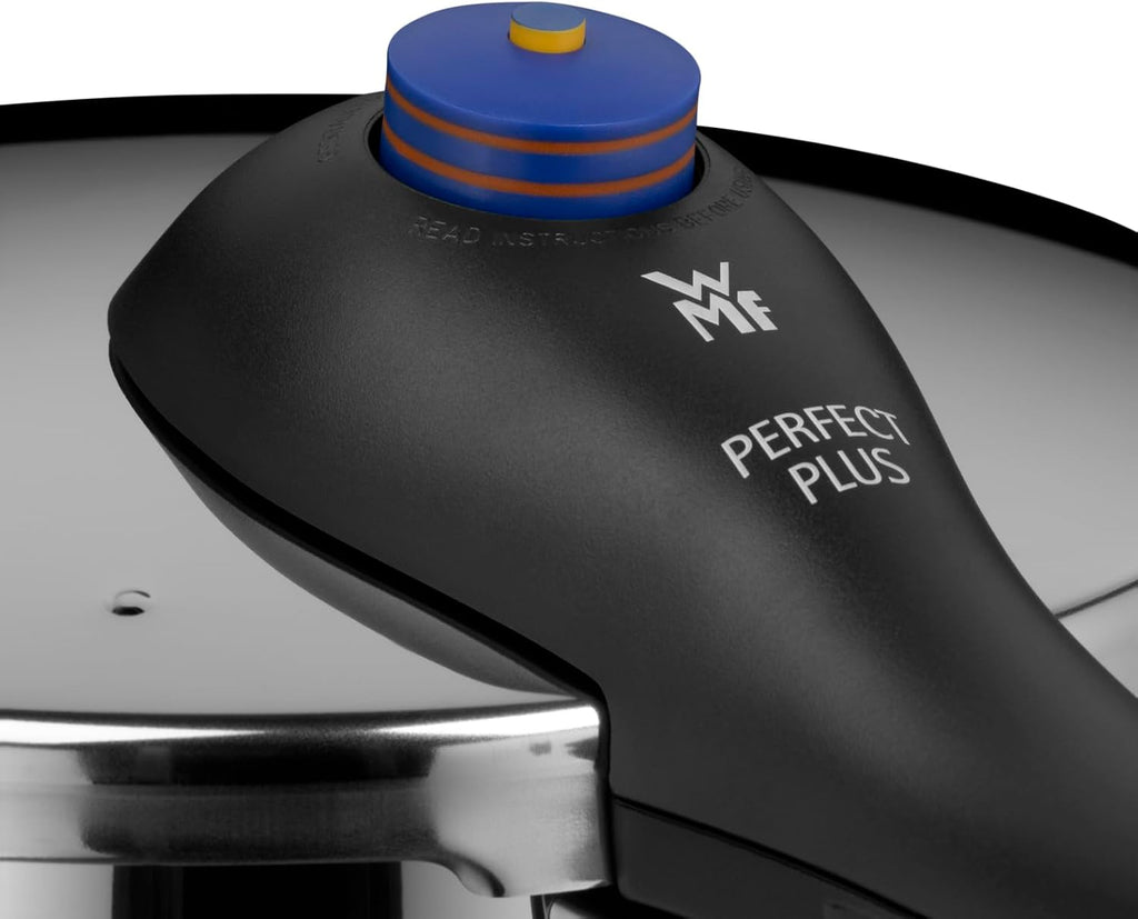 WMF Perfect Plus Juego de ollas a presión, inducción, 2 piezas, olla a presión de 6,5 l + 3 l, señal de cocción grande, 2 niveles de cocción, mango de tapa extraíble, regulador de cocción con una sola mano, acero inoxidable Cromargan pulido