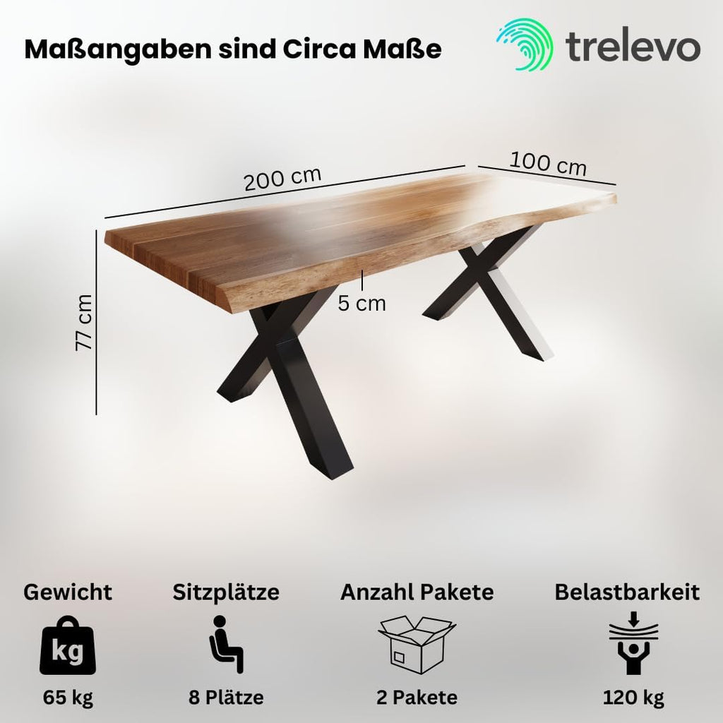 Mesa de comedor 200x100 cm, madera de acacia maciza, tablero color natural, borde de árbol auténtico, estructura en X negra, mesa con borde natural