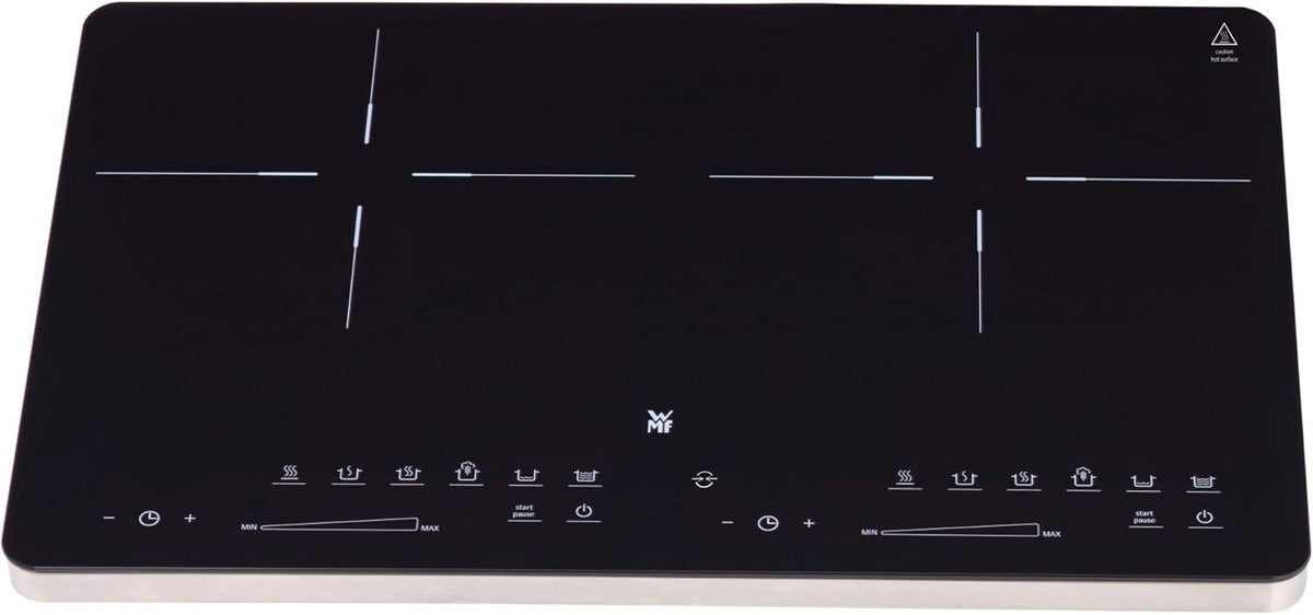 Placa de inducción doble WMF Kult X, 2 fuegos, placa de cocción hasta 28 cm, 2 zonas de cocción, 8 niveles, detección de ollas, pantalla táctil, vitrocerámica, función de temporizador, 3500 W