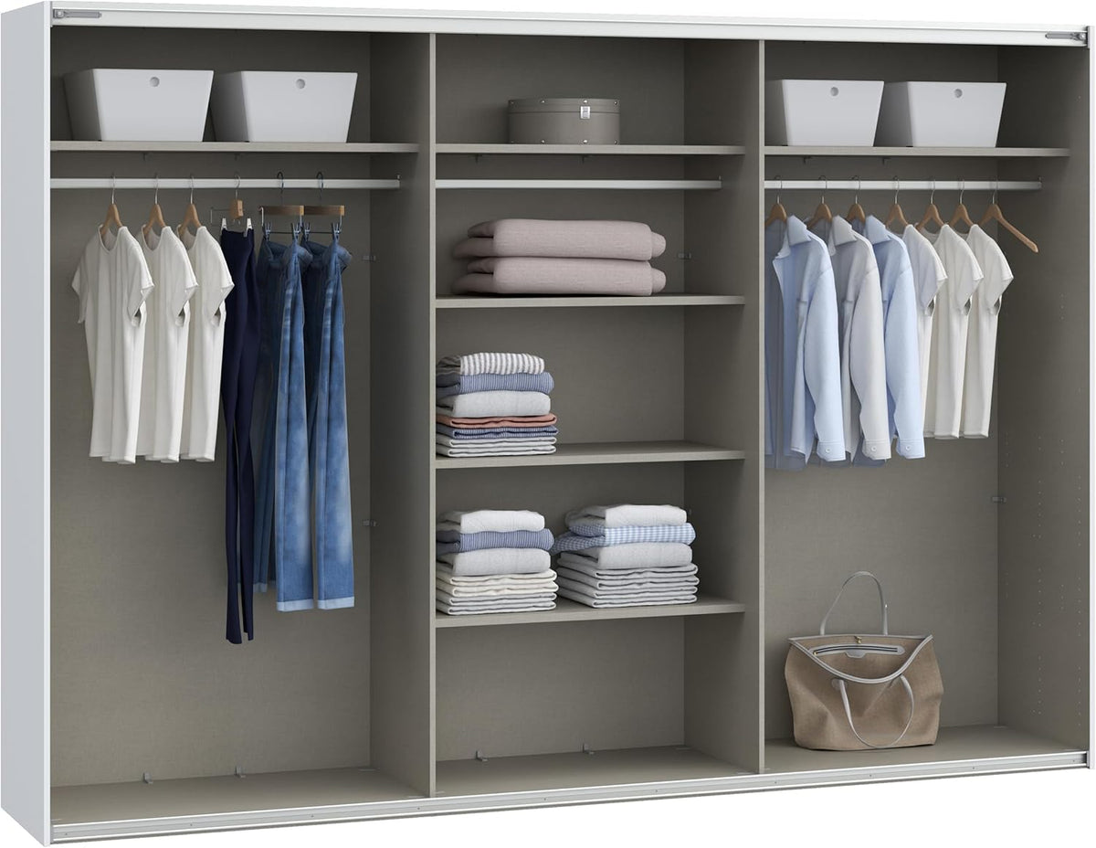 Armario corredero Forte SOPHISTISPACE 300 de 3 puertas con estantes y barra para colgar ropa, blanco, 299,8 cm de ancho, 210,5 cm de alto, 62,9 cm de profundidad