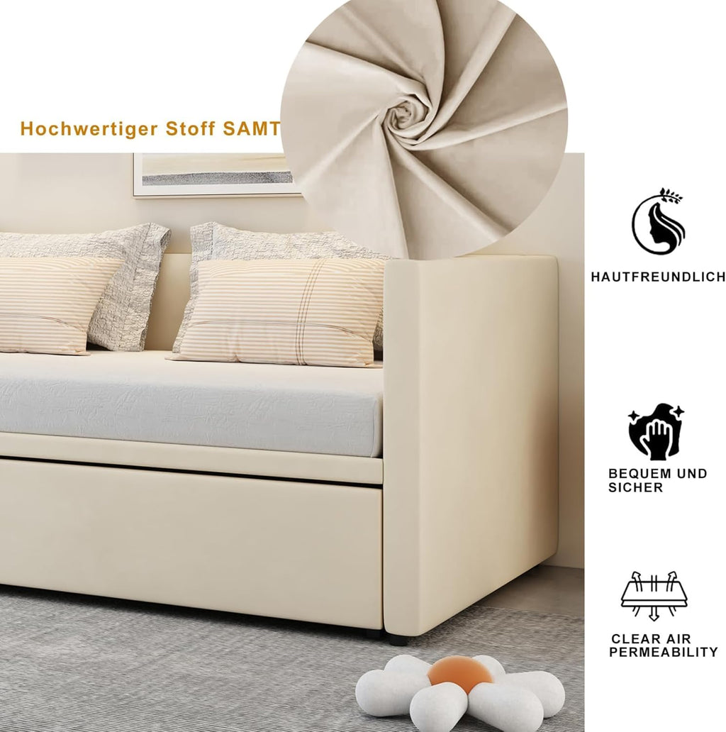 Sofá cama de 200 cm de ancho, sofá cama extraíble, cama abatible con sofá, cama Murphy de 90/180 x 200 cm, cama tapizada tipo diván extraíble con somier, cama de matrimonio, tela de terciopelo, sin colchón (beige)