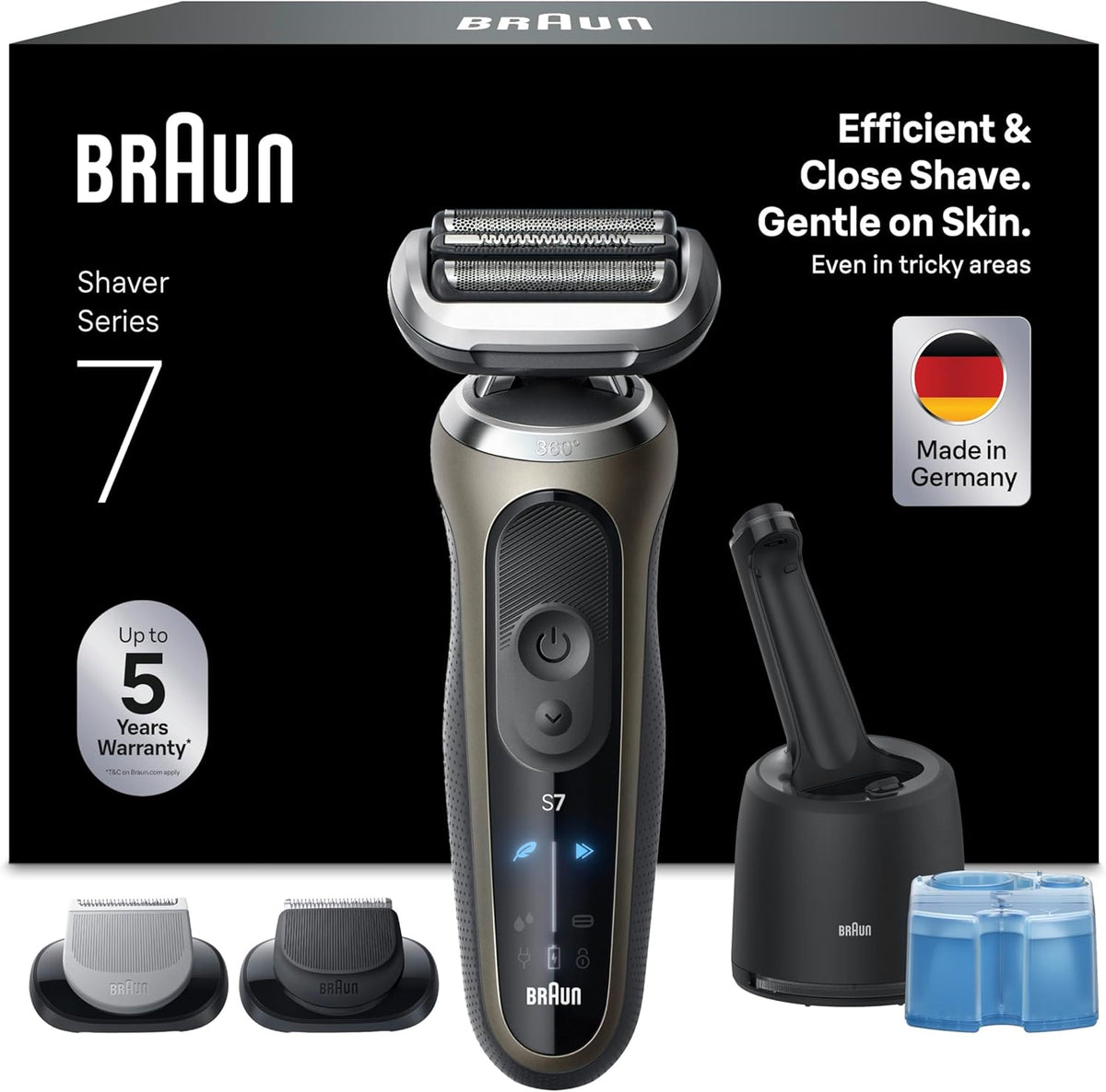 Afeitadora eléctrica Braun Series 7 para hombre, afeitadora eléctrica, 60 min de batería, centro SmartCare 4 en 1, +2 accesorios, afeitadora inalámbrica en seco y húmedo para hombre, resistente al agua, fabricada en Alemania, 72-C7650cc, dorado