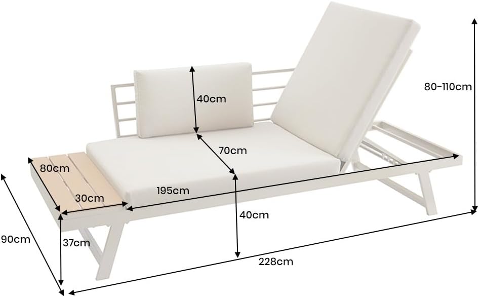 Riess Ambiente - Salón de jardín modular ajustable Miami - 230 cm - Champán greige - WPC aluminio - Sofá de jardín tumbona con estante