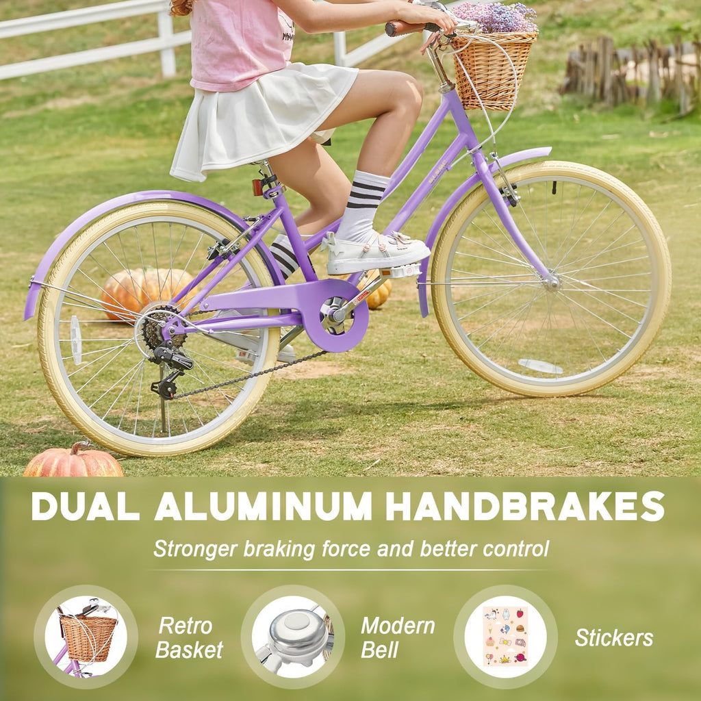 Glerc Missy 20, 24, 26 pulgadas bicicleta híbrida urbana tipo crucero para niñas, de 6 velocidades, con cesta de mimbre, para jóvenes mayores de 6 años, varios colores