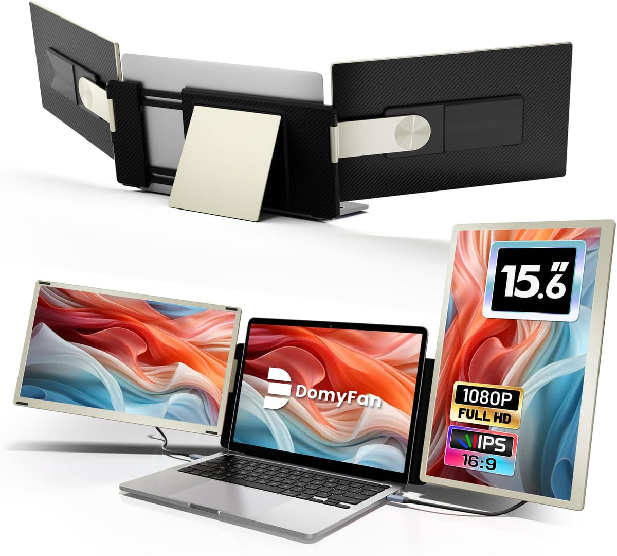 Monitor portátil triple Domyfan de 15,6" para portátil, 120% sRGB FHD 1080P, compatible con todos los tamaños de portátiles, conexión Type-C, USB, HDMI, plug and play, para Mac, Windows, Chrome, Android