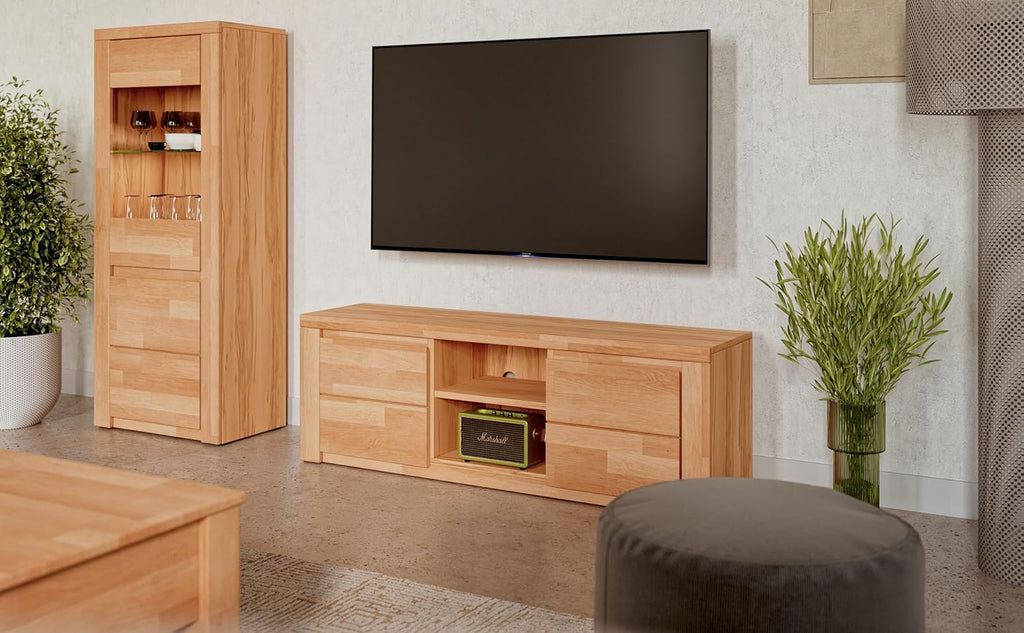 Mueble bajo para TV Kiki design Livigno de madera de haya núcleo parcialmente maciza aceitada, diseño sin tiradores, mueble de TV moderno con gran espacio de almacenamiento para su salón, con certificación FSC -
