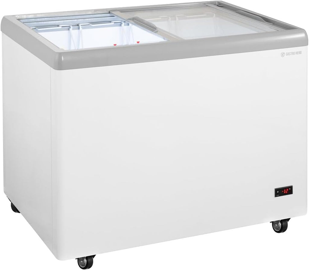 GastroHero Arcón congelador para helados 284 litros Congelador horizontal Iluminación LED Tapa de cristal corredera Ruedas Congelador comercial para helados Ventas –18 °C Hostelería Kiosco
