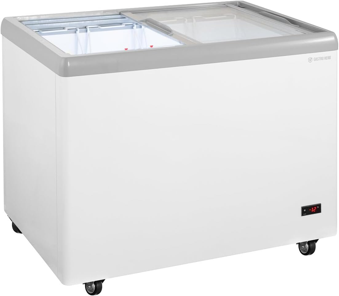 GastroHero Arcón congelador para helados 284 litros Congelador horizontal Iluminación LED Tapa de cristal corredera Ruedas Congelador comercial para helados Ventas –18 °C Hostelería Kiosco