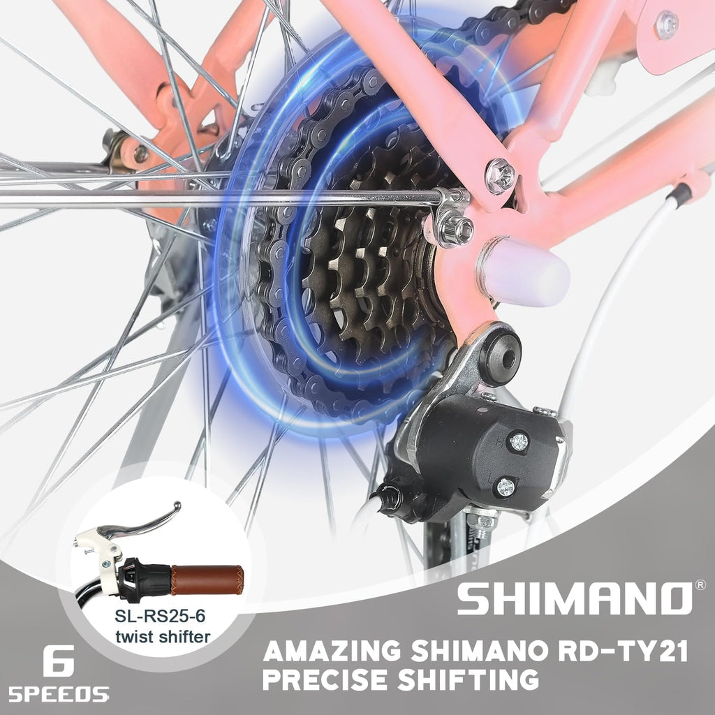 Glerc Missy 20, 24, 26 pulgadas bicicleta híbrida urbana tipo crucero para niñas, de 6 velocidades, con cesta de mimbre, para jóvenes mayores de 6 años, varios colores