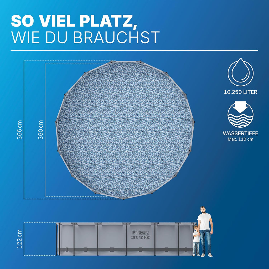 Set de piscina elevada  Bestway® Steel Pro MAX™ con bomba de filtrado, Ø 366 x 122 cm, gris claro, redonda
